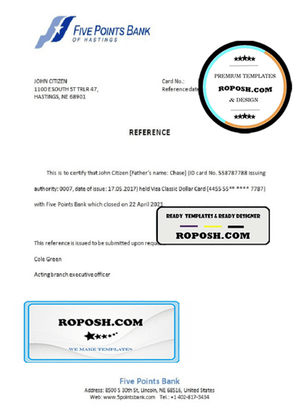 USA Five Points Bank bank account closure reference letter template in Word and PDF format