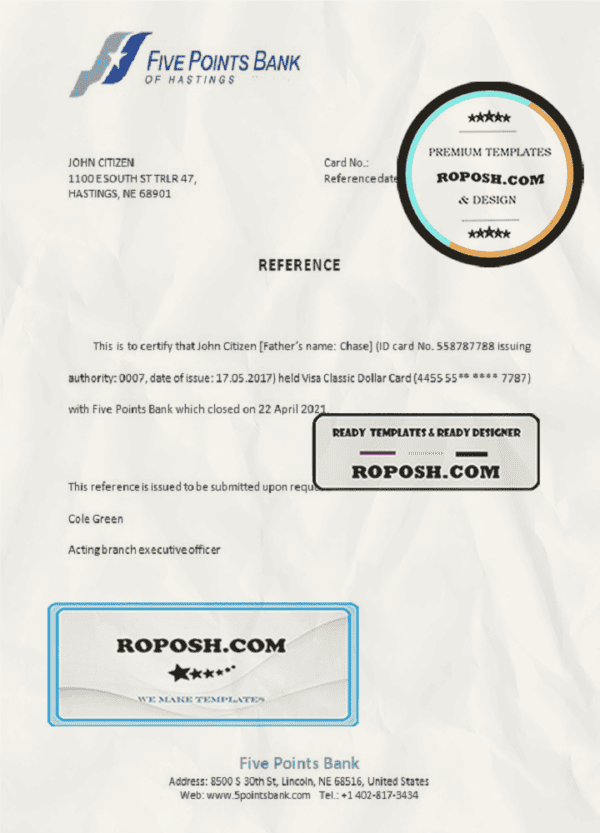 USA Five Points Bank bank account closure reference letter template in Word and PDF format