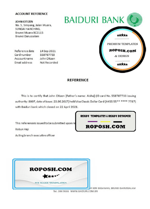 Brunei Baiduri bank account closure reference letter template in Word and PDF format
