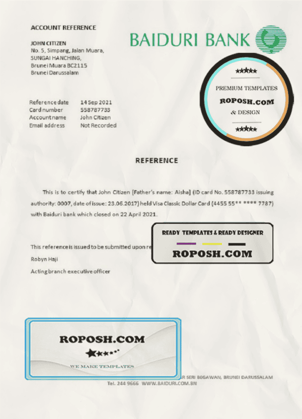 Brunei Baiduri bank account closure reference letter template in Word and PDF format