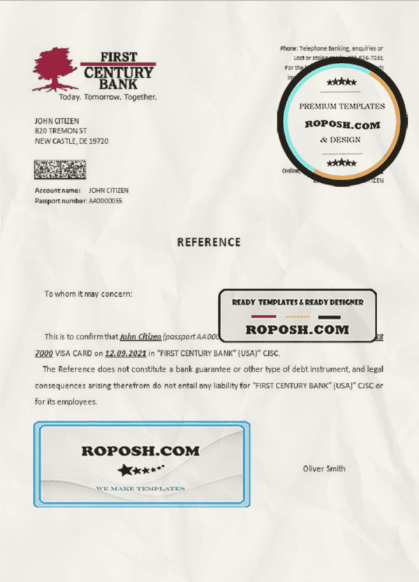 USA First Century Bank bank account closure reference letter template in Word and PDF format