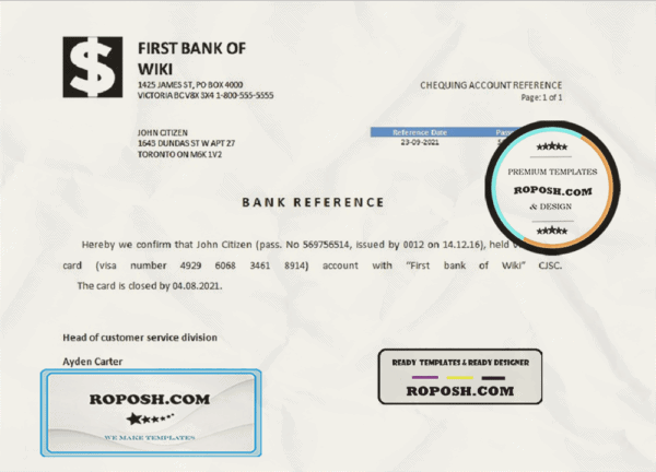 USA First Bank of Wiki bank account closure reference letter template in Word and PDF format