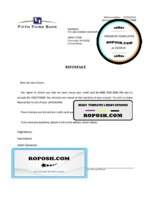 USA Fifth Third Bank bank account closure reference letter template in Word and PDF format