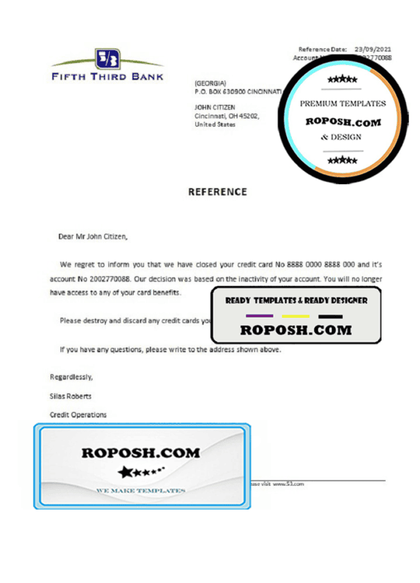 USA Fifth Third Bank bank account closure reference letter template in Word and PDF format