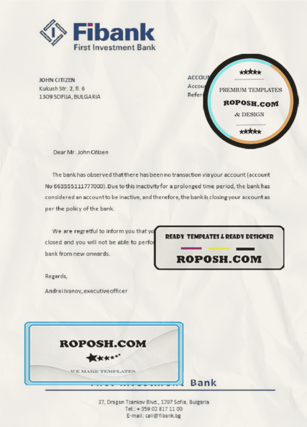 Bulgaria First Investment bank account closure reference letter template in Word and PDF format