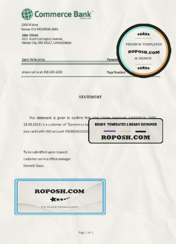 USA Commerce Bank bank account closure reference letter template in Word and PDF format