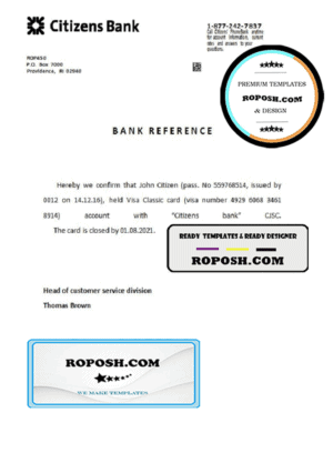 USA Citizens Bank bank account closure reference letter template in Word and PDF format