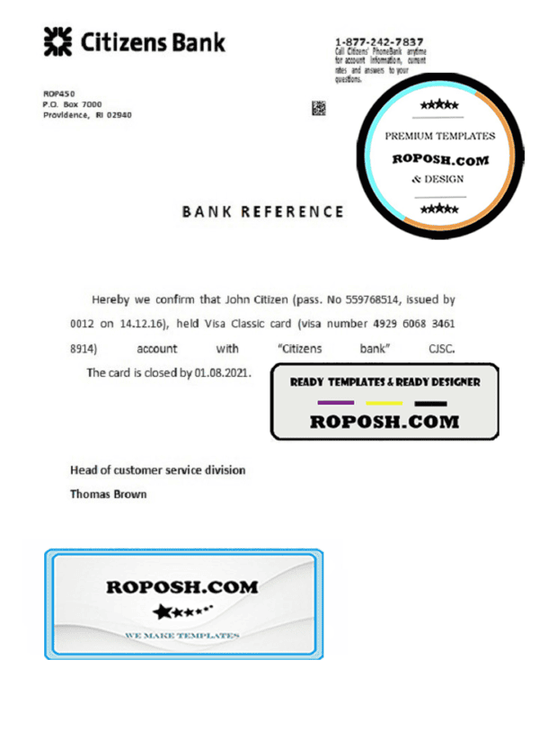 USA Citizens Bank bank account closure reference letter template in Word and PDF format