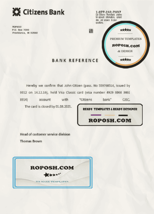 USA Citizens Bank bank account closure reference letter template in Word and PDF format