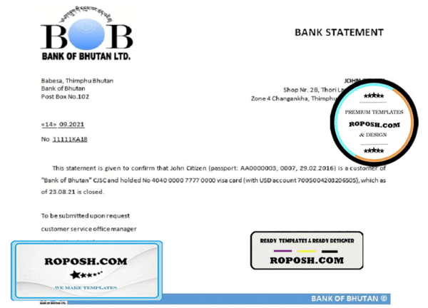 Bhutan Bank of Bhutan bank account closure reference letter template in Word and PDF format