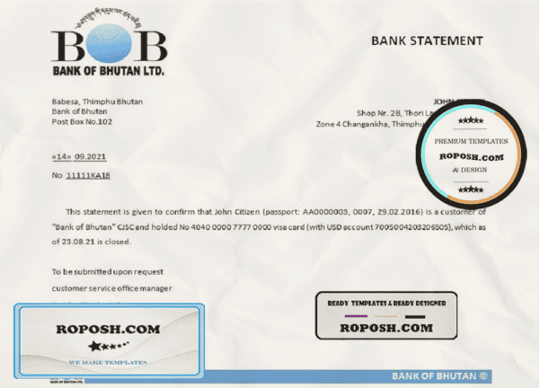Bhutan Bank of Bhutan bank account closure reference letter template in Word and PDF format