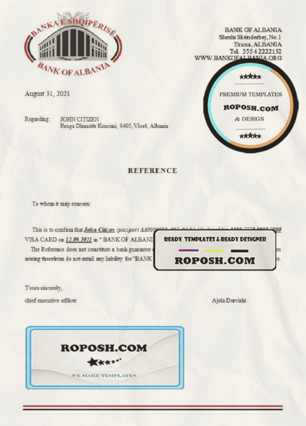 Albania Bank of Albania bank account closure reference letter template in Word and PDF format