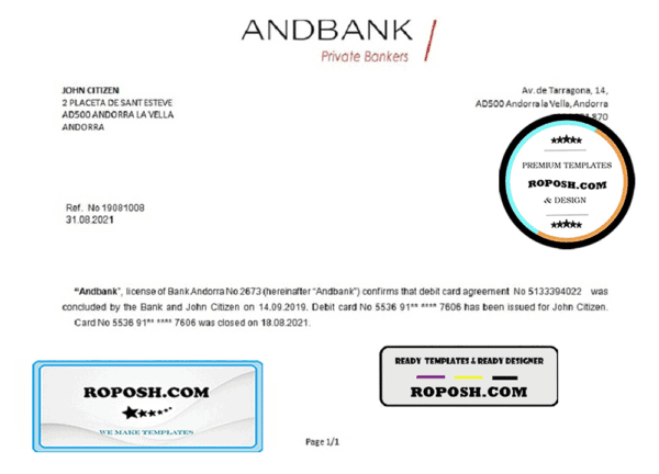 Andorra Andbank account closure reference letter template in Word and PDF format