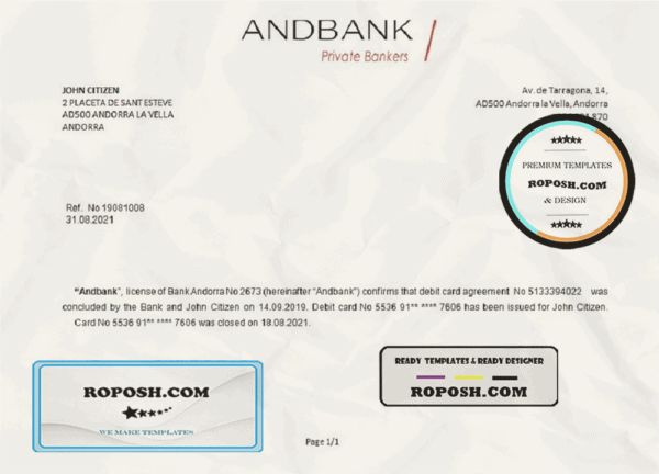Andorra Andbank account closure reference letter template in Word and PDF format