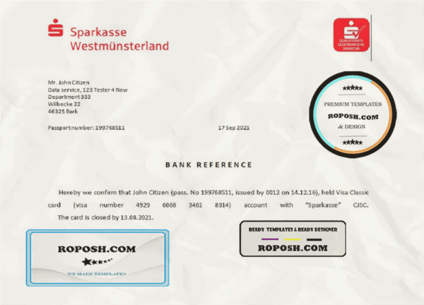 Germany Sparkasse bank account closure reference letter template in Word and PDF format