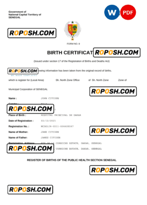 Senegal vital record birth certificate Word and PDF template, completely editable