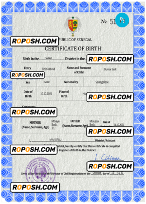 Senegal birth certificate PSD template, completely editable