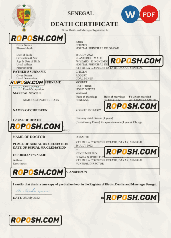 Senegal vital record death certificate Word and PDF template