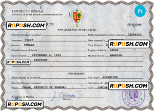 Senegal vital record death certificate PSD template