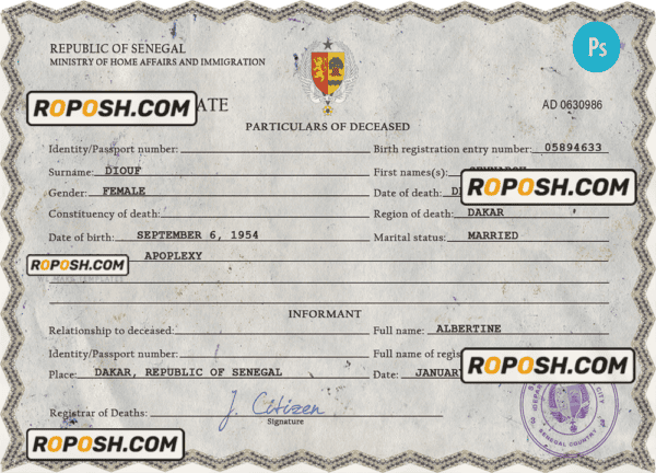 Senegal vital record death certificate PSD template
