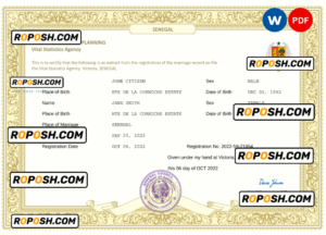 Senegal marriage certificate Word and PDF template, fully editable