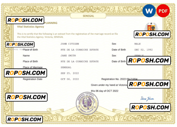 Senegal marriage certificate Word and PDF template, fully editable