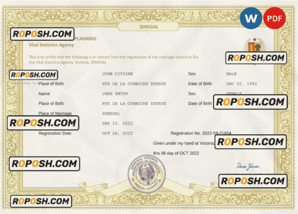 Senegal marriage certificate Word and PDF template, fully editable