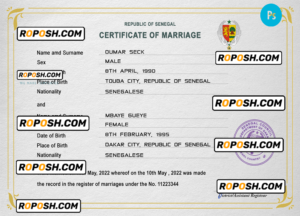 Senegal marriage certificate PSD template, completely editable