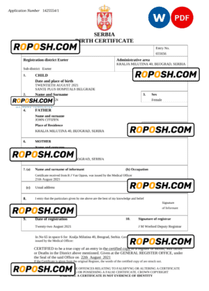 Serbia birth certificate Word and PDF template, completely editable