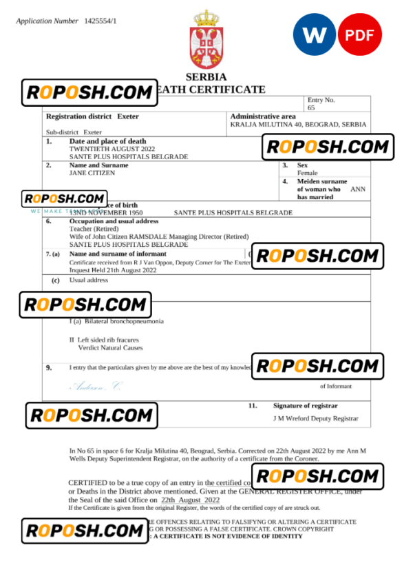 Serbia death certificate Word and PDF template, completely editable