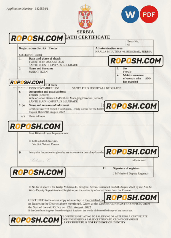 Serbia death certificate Word and PDF template, completely editable