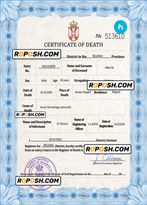 Serbia death certificate PSD template, completely editable