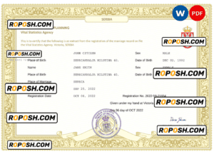 Serbia marriage certificate Word and PDF template, completely editable