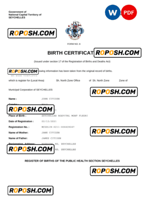 Seychelles vital record birth certificate Word and PDF template, completely editable