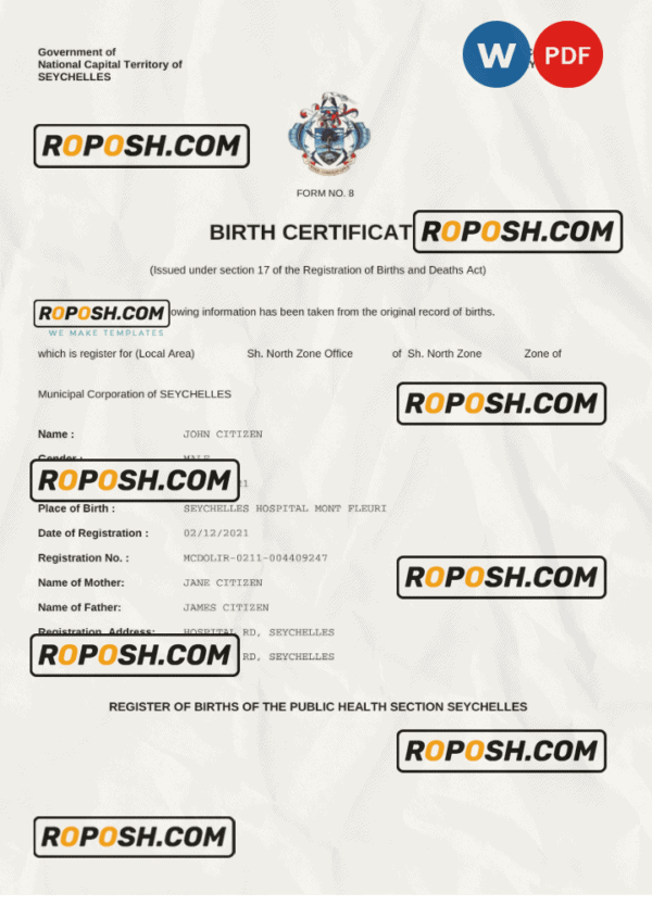 Seychelles vital record birth certificate Word and PDF template, completely editable