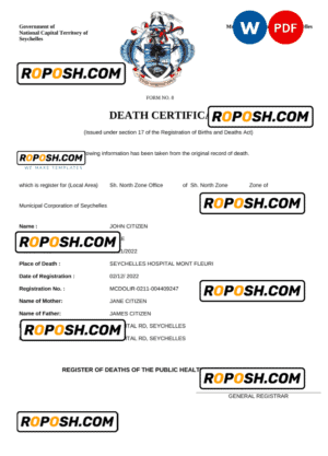 Seychelles vital record death certificate Word and PDF template