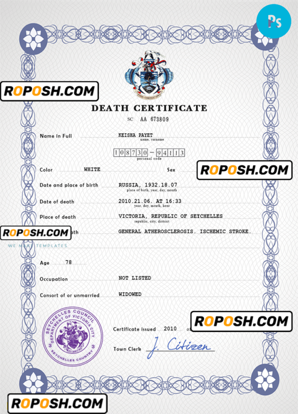 Seychelles vital record death certificate PSD template, fully editable