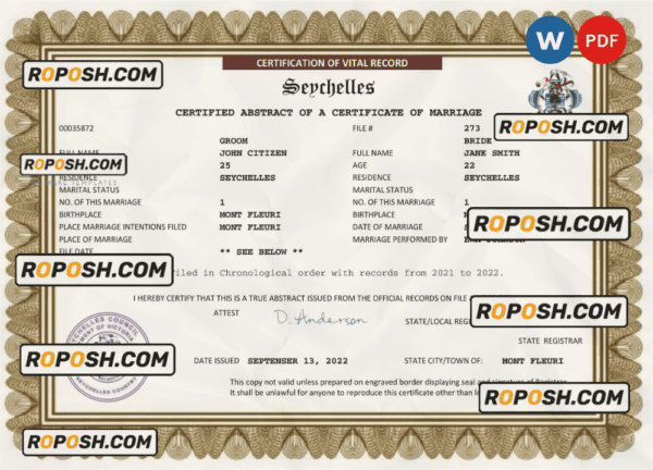 Seychelles marriage certificate Word and PDF template, fully editable