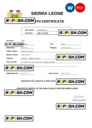 Sierra Leone birth certificate Word and PDF template, completely editable