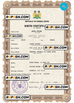 Sierra Leone vital record birth certificate PSD template, fully editable