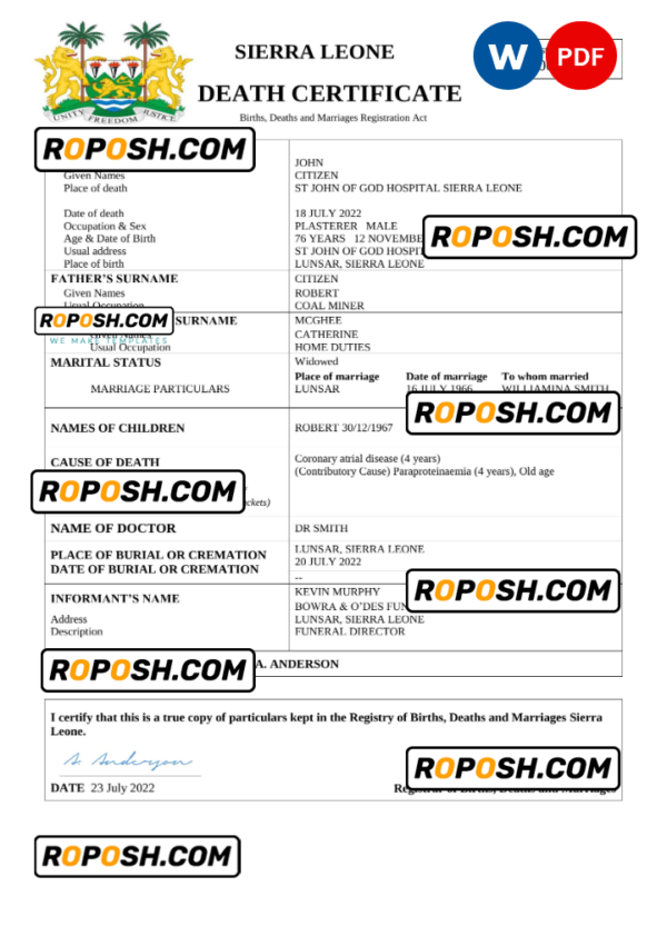Sierra Leone death certificate Word and PDF template, completely editable