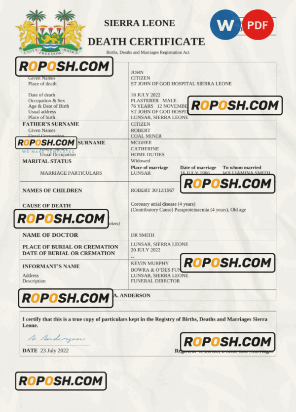 Sierra Leone death certificate Word and PDF template, completely editable