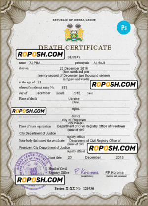 Sierra Leone vital record death certificate PSD template, completely editable