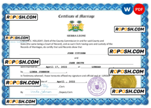 Sierra Leone marriage certificate Word and PDF template, completely editable