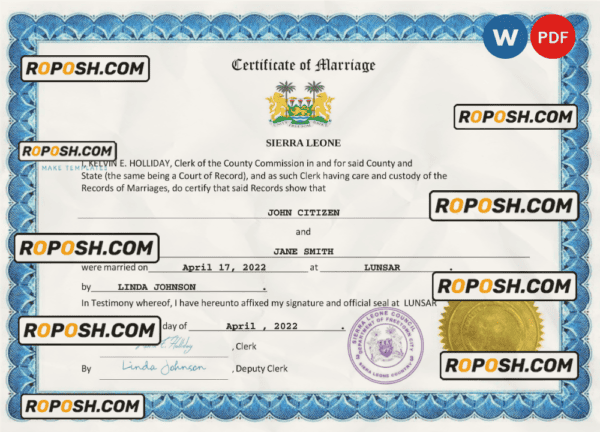 Sierra Leone marriage certificate Word and PDF template, completely editable