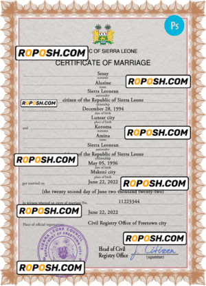 Sierra Leone marriage certificate PSD template, fully editable