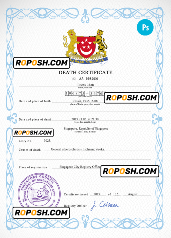 Singapore death certificate PSD template, completely editable