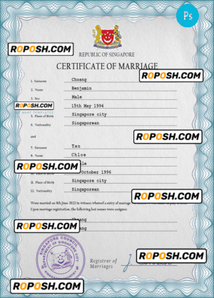 Singapore marriage certificate PSD template, completely editable
