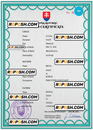 Slovakia birth certificate PSD template, completely editable