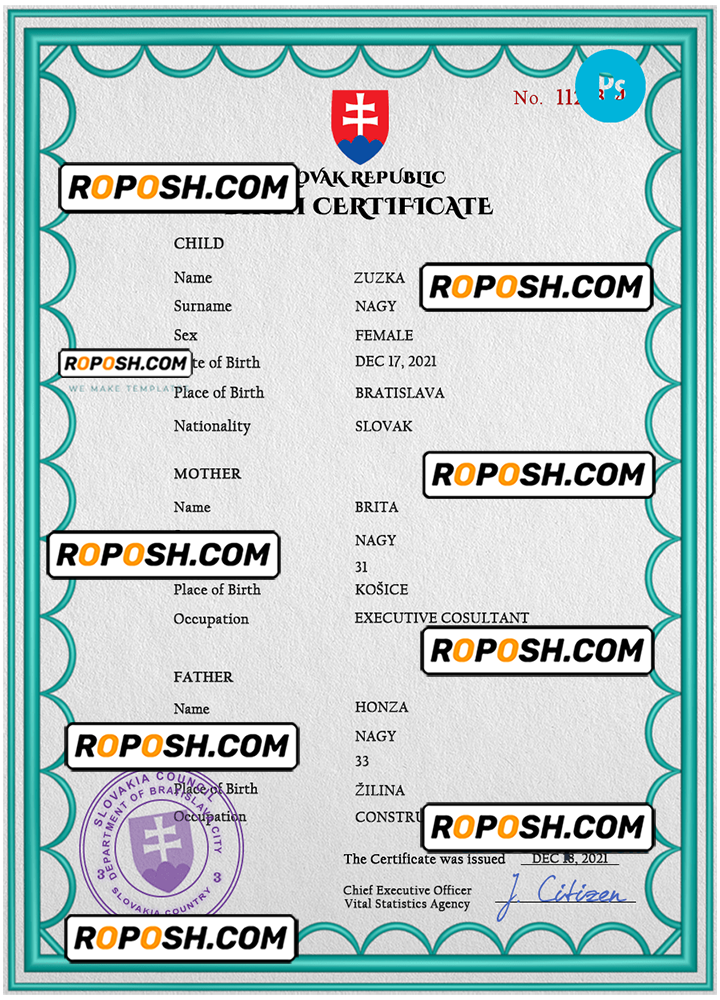 Slovakia birth certificate PSD template completely editable roposh